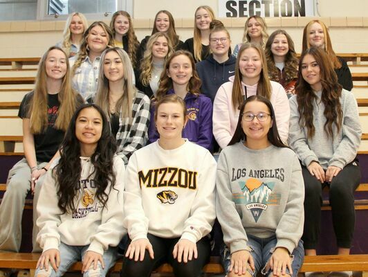 The Potosi High School Trojans have set their Basketball Homecoming for this Friday, Jan. 28th, 2022. Senior Candidates in the front row are, from left, Milasia Khanthavixay, Samantha Huck and Hailey Allgier. Not pictured are candidates Kiersten Blair and Riley Skiles. Second row, Junior Candidates, from left are, Hope Miner, Gracie Jenkins, Emily Hochstatter, Jade Williams and Lilly Paisley. Third row, Sophomore Candidates are, from left, Lillian Greenlee, Morgan Blair, Gracie Lawson, Lauren Blair and Pheabie Wilson. Fourth row, Freshmen candidates are, from left, Carsyn Yount, Maggie Williams, Jenna Jarvis, Lani Elder and Katelynn Fierce. The Coronation of the Homecoming Court will follow the presentation of the new R-3 Trojan Hall of Fame inductees between the J.V. and Varsity games.