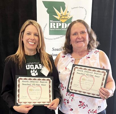 KINGSTON & ARCADIA VALLEY RPDC TEACHERS OF THE YEAR – Kingston Science Teacher Allison Gill (left) and A.V.’s Michele Spitzmiller received recognition at Rolla as Missouri Regional Professional Development Center Teachers of the Year.	           (School Photo)