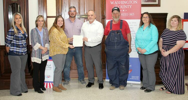WASHINGTON COUNTY COMMISSION PROCLAIMS APRIL AS ‘CHILD ABUSE PREVENTION &amp; AWARENESS MONTH - The Washington County Commission signed a Proclamation at the Monday, April 5th, 2021 Commission Meeting at the County Courthouse to officially recognize the month of April as ‘Child Abuse Prevention and Awareness Month’. On hand for the Proclamation signing were, from left, Krytal Wheelis, D.S.S. Supervisor; Misty Fowler and Lindsey Skiles, Case Managers; 1st District Commissioner Doug Short; Presiding Commissioner Dave Sansegraw; 2nd District Commissioner Cody Brinley; Crystal Huskey and Ashlee Gamble, Case Managers. The Commissioners urge the citizens of Washington County to recognize the importance of protecting children today and everyday.