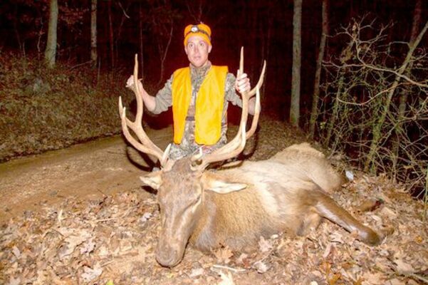 Joe Benthall of Mount Vernon was the first of five Missouri hunters to harvest an elk in Missouri. He is shown with his 5x5 bull elk harvested last year on National Park Service property near Log Yard in Shannon County. MDC will issue five permits for hunting bull elk for the 2021 season.    (MDC Photo)
