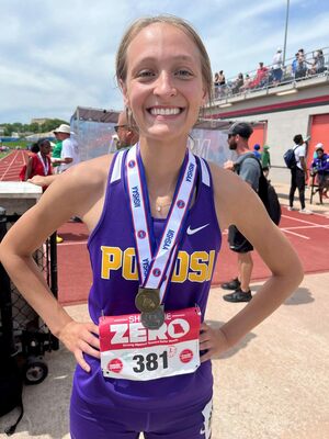 McCAUL IS STATE CHAMP! – Annie McCaul claimed the State Championship for Class 3 in the 300 Meter Hurdles at Jefferson City along with 2nd Place in the 100 Meter Hurdles. McCaul, a Potosi Senior, qualified for the State Track Meet in 4 events. She is the daughter of Alex &amp; Judy McCaul, Potosi Route. Congrats, Champ!	            (School Photo)